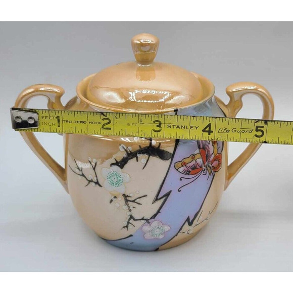 Vtg Hand Painted Japanese Lusterware Set. 3 plates 7 1/4", Sugar Bowl & Creamer - Picture 12 of 14